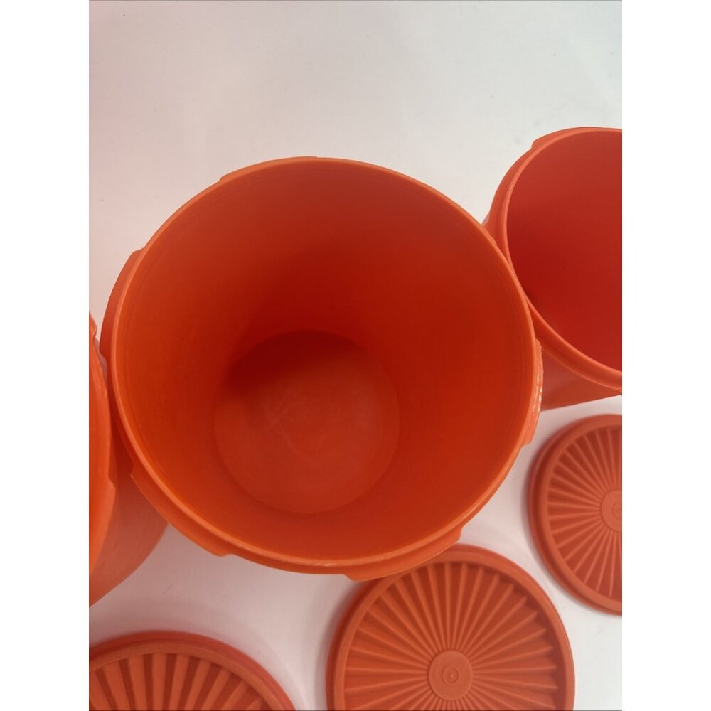 Vintage Tupperware Harvest Orange Servalier Canisters Set Of 4 w/ Sunburst Lids - Picture 7 of 13